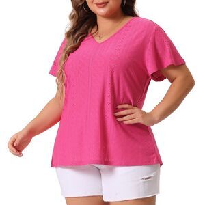 Plus Size Summer Tee V Neck Hollow Flare Short Sleeve Top Hot Pink